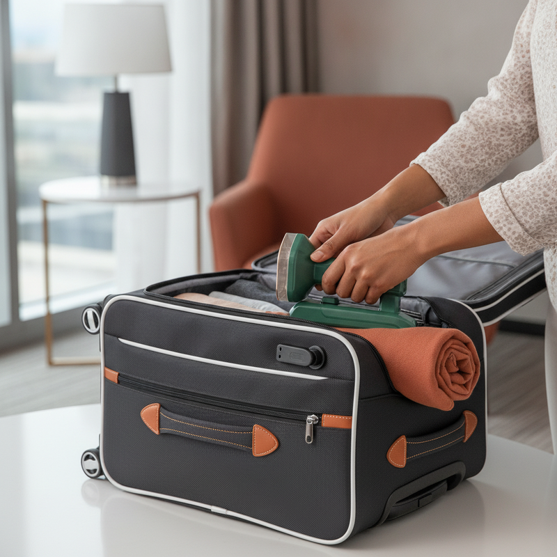 Woman's hands placing a small, portable travel steamer iron into an open carry-on bag, highlighting its compact size.