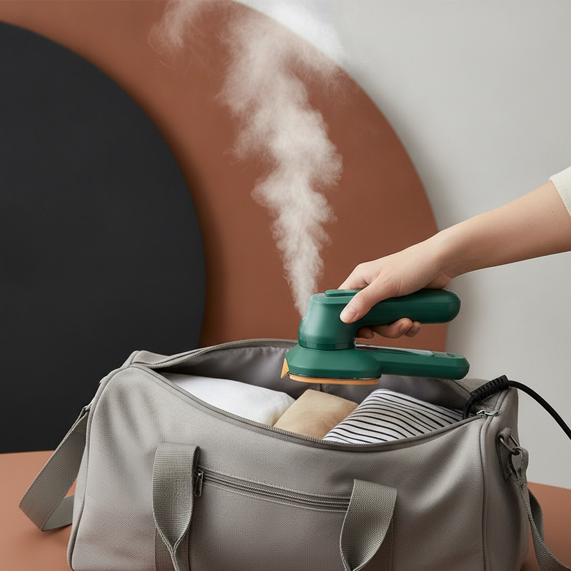 A portable handheld travel steamer iron, in an available color, packed into an open travel bag next to folded clothes, illust