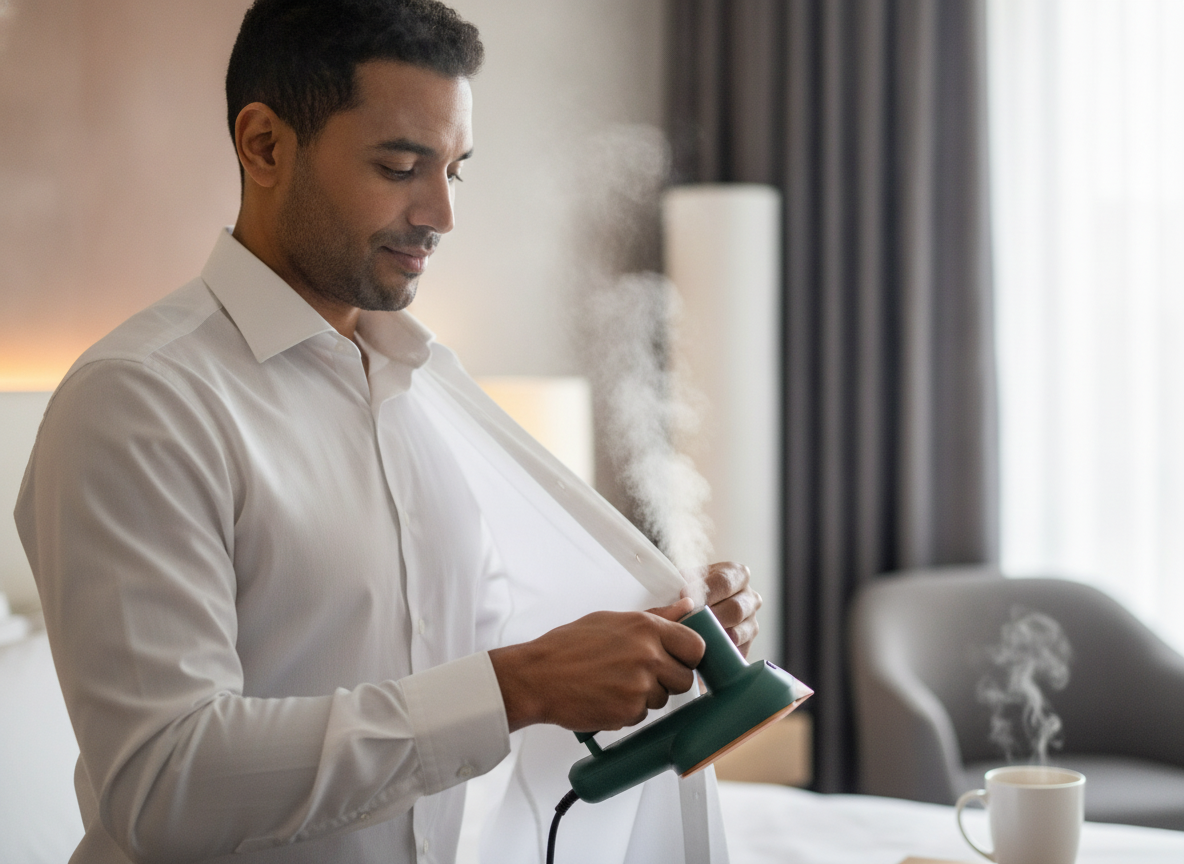 A person quickly steams a white shirt with a portable handheld travel iron in a modern hotel room before a meeting.