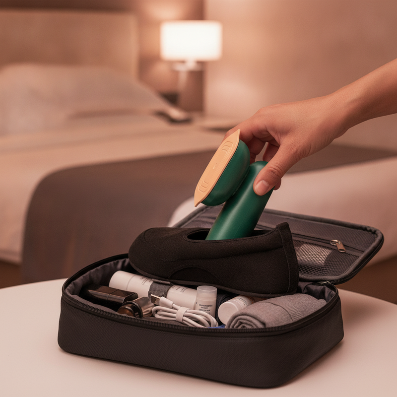 A hand places a compact, portable travel steamer iron into a shoe inside a toiletry bag, demonstrating its small size.